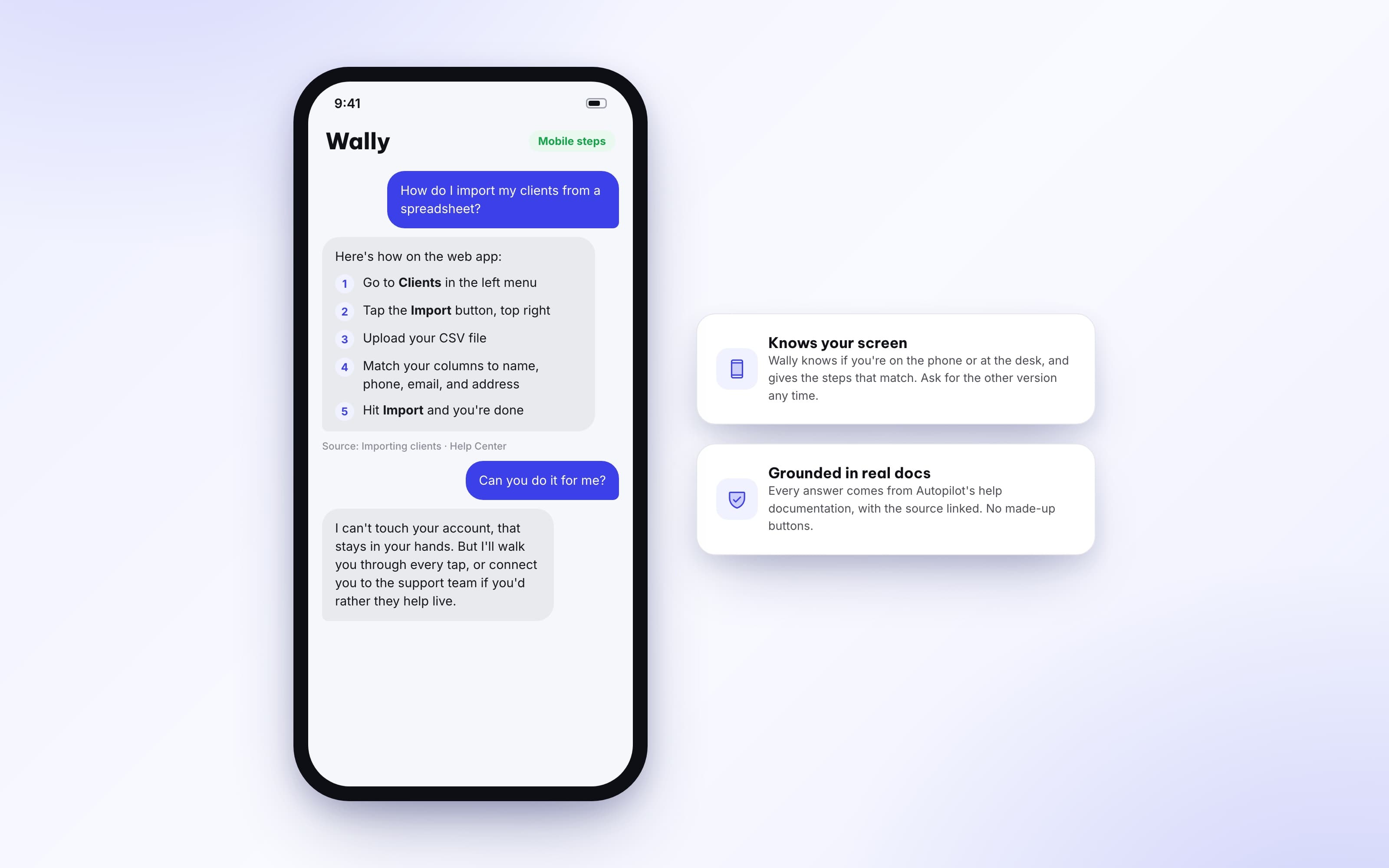 Wally giving numbered step by step instructions inside the Autopilot app