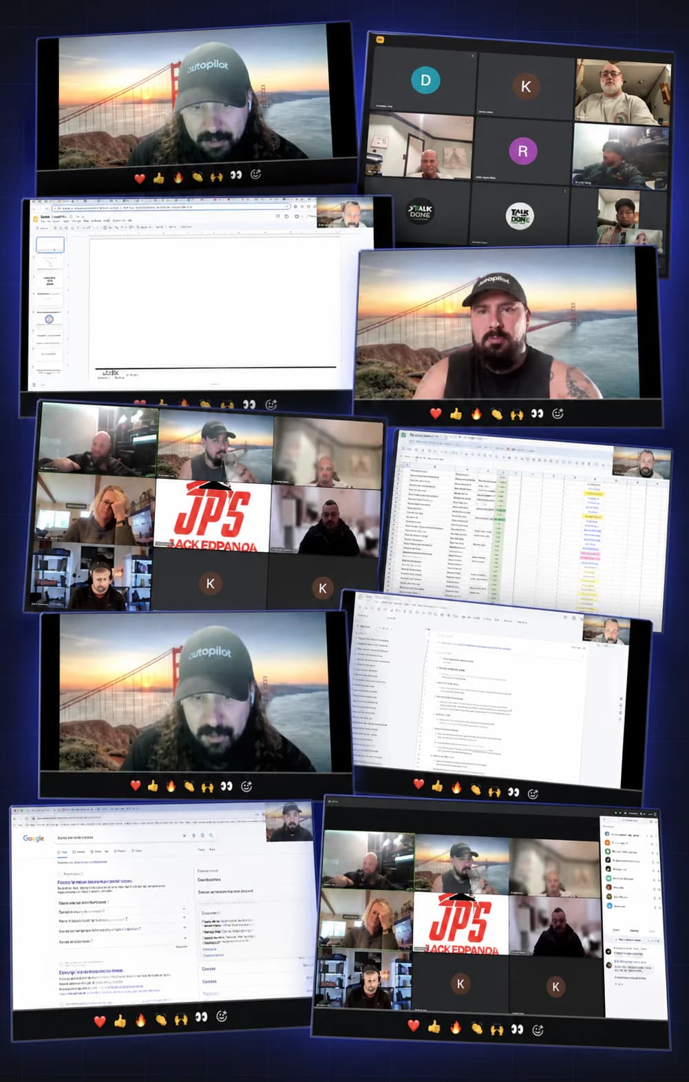 A dense wall of real advanced-class previews, including live coaching, screen shares, spreadsheets, and software demonstrations