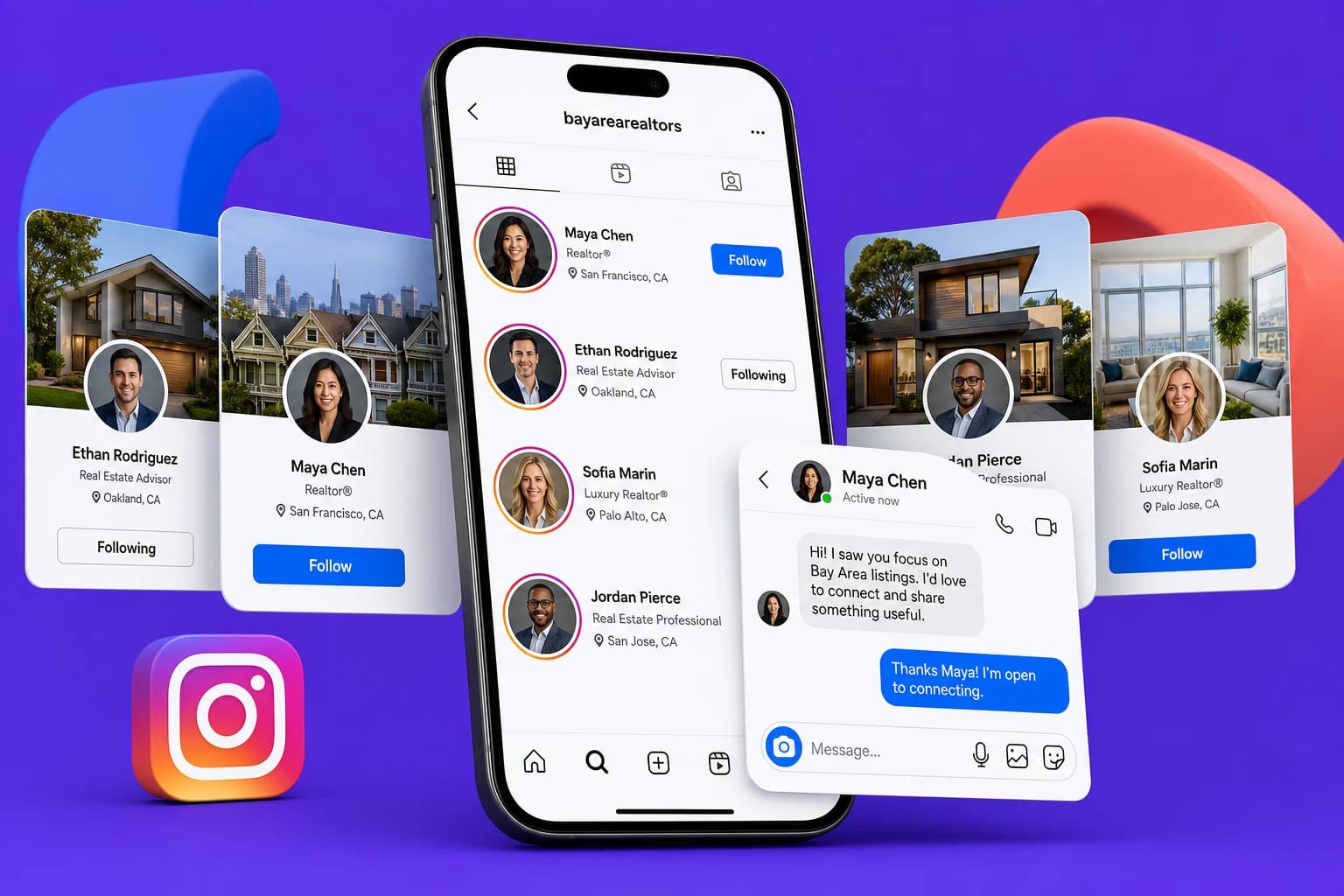 GhostReach Instagram outreach visualization showing fictional real estate profiles, follow buttons, and a personalized direct message