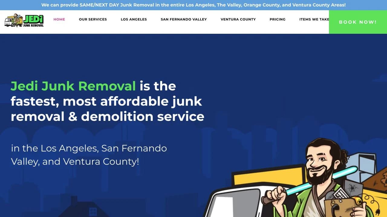 Live desktop screenshot of the Jedi Junk Removal home page