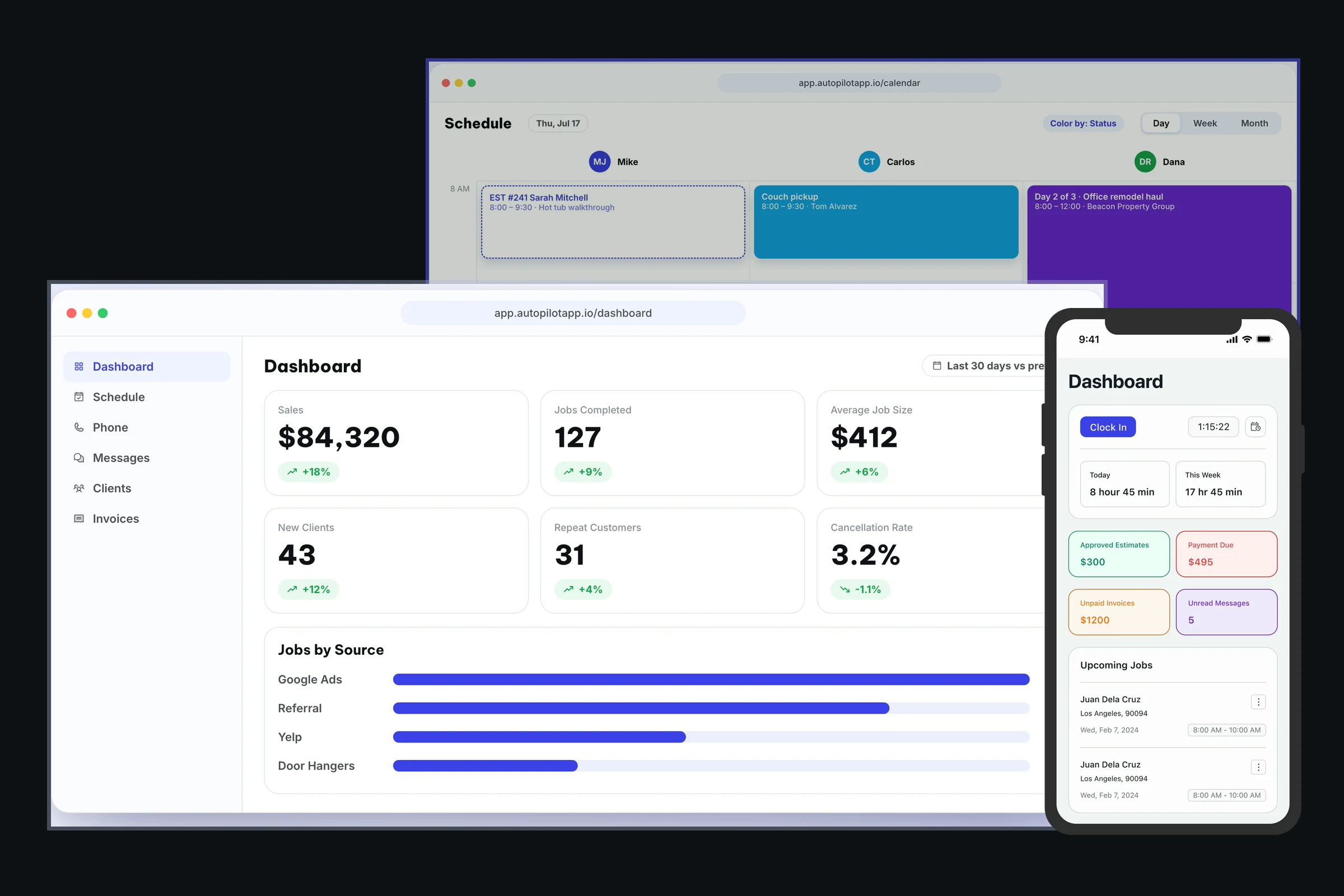 Autopilot dashboard, scheduling, phone, and field-service tools