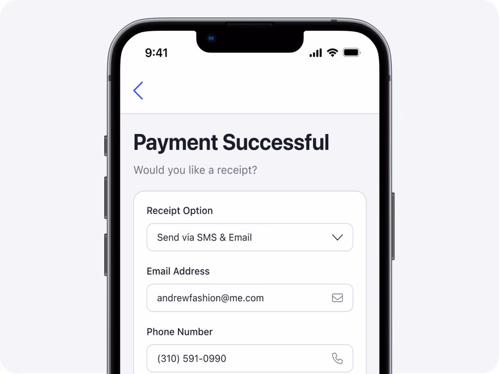 Autopilot payment screen letting customers send a tip by SMS or email with a receipt