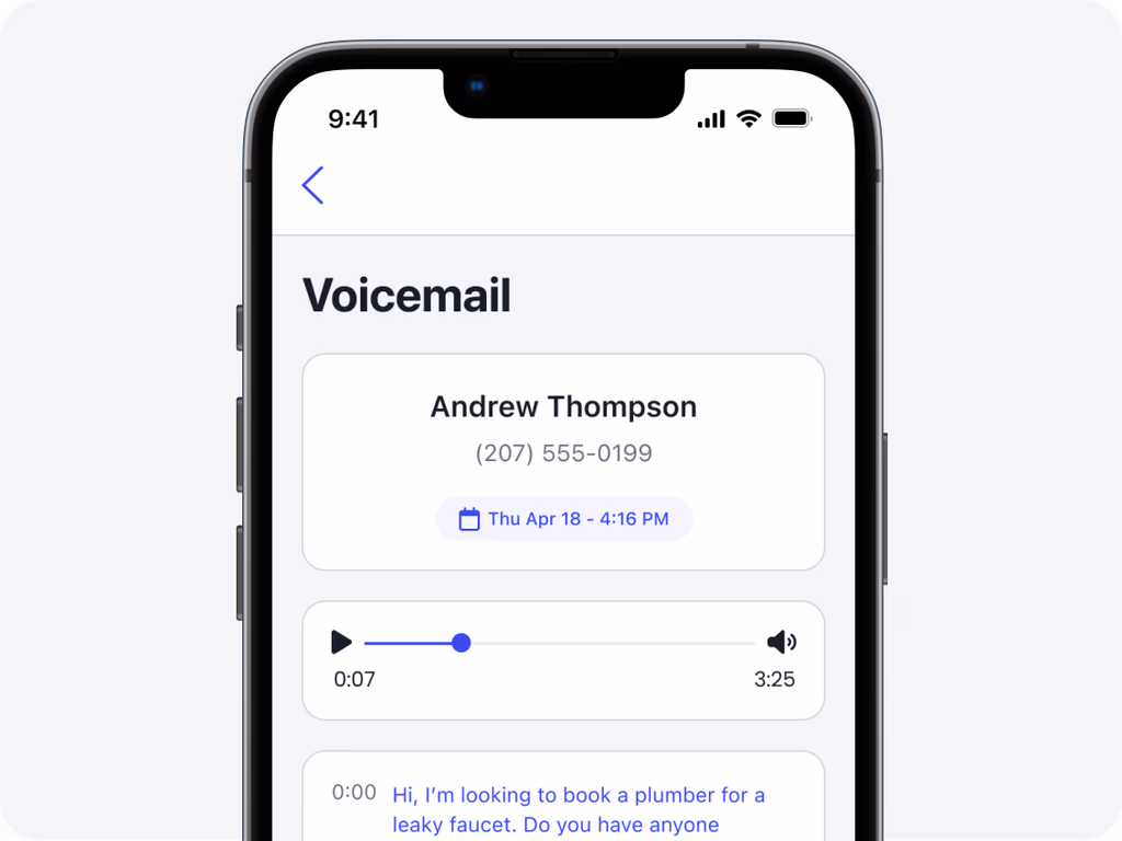 Autopilot mobile app voicemail screen with contact info, playback, and transcript