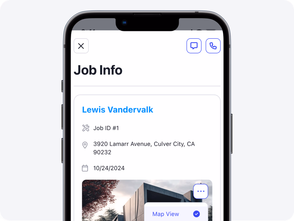 Job info opened from a map pin with a navigate button