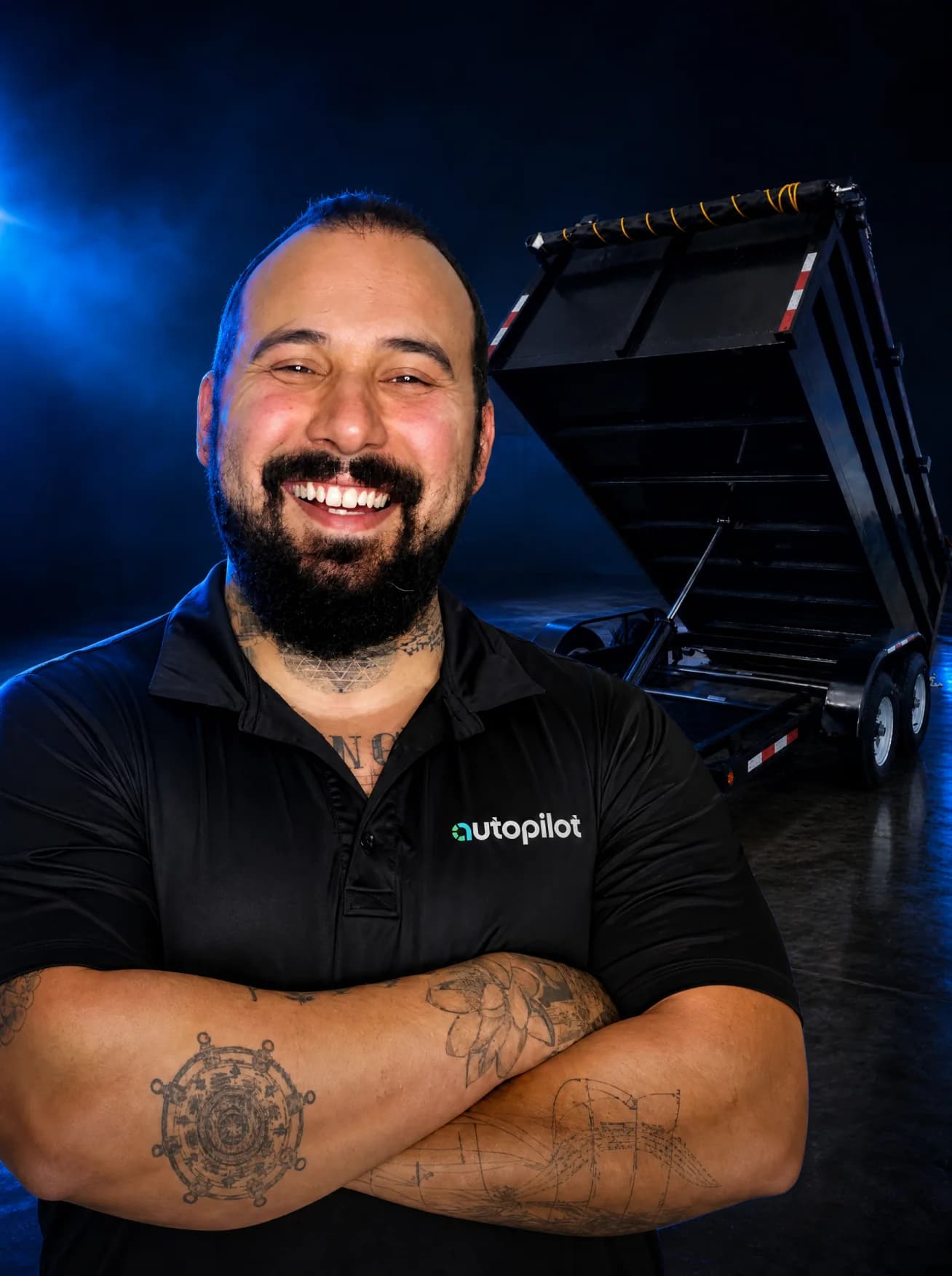 Andrew Thompson standing in front of the $10,000 dump trailer grand prize