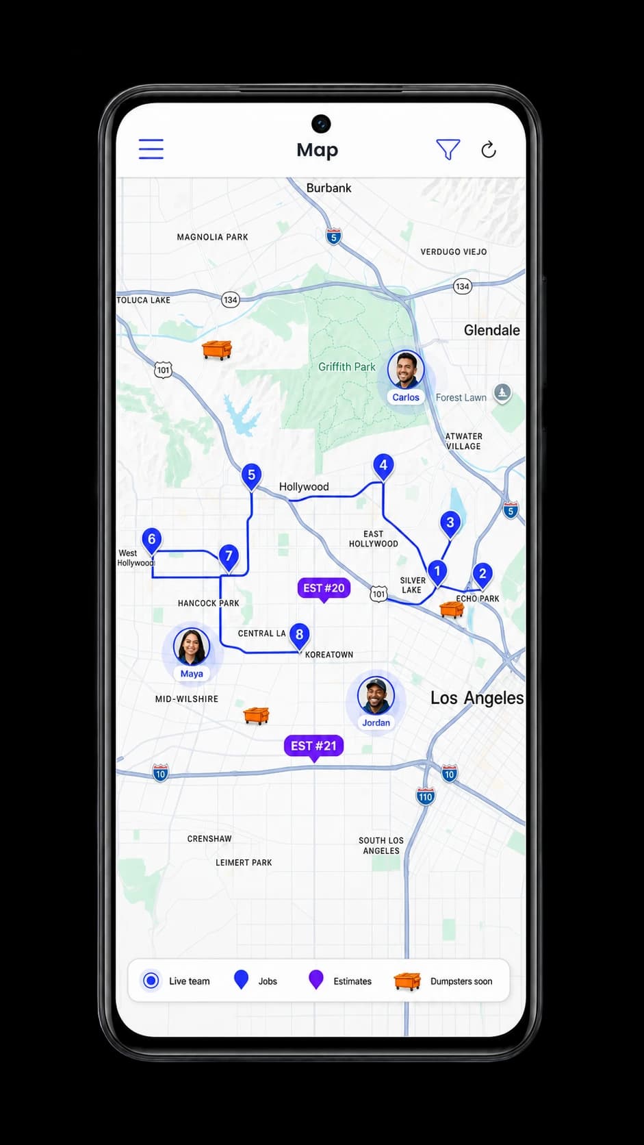 Autopilot native Android app map showing live employee locations, jobs, estimates, routes, and a preview of upcoming dumpster tracking