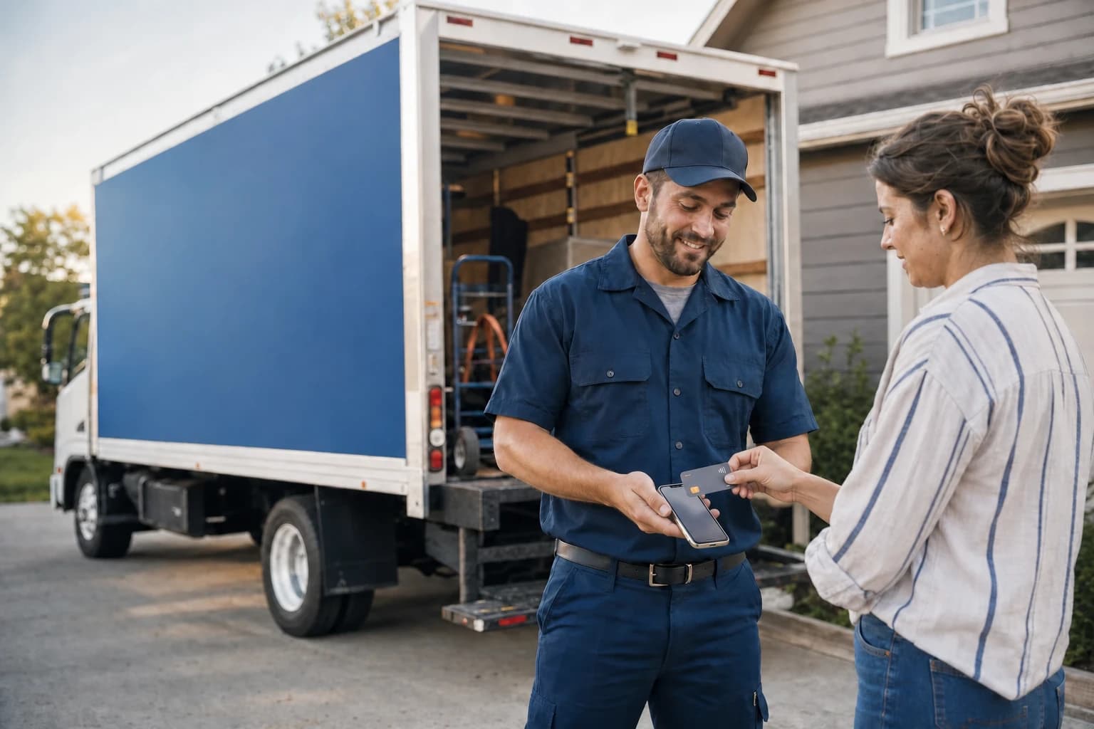 Junk removal field technician accepting a contactless card payment from a customer using a phone beside the work truck