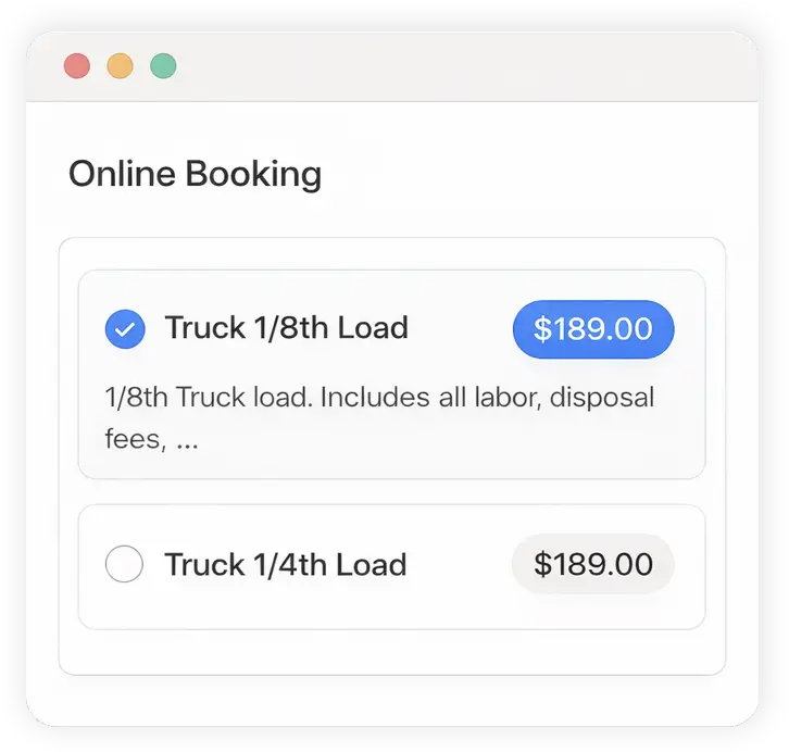 Autopilot online booking widget where customers pick a truck load size and price