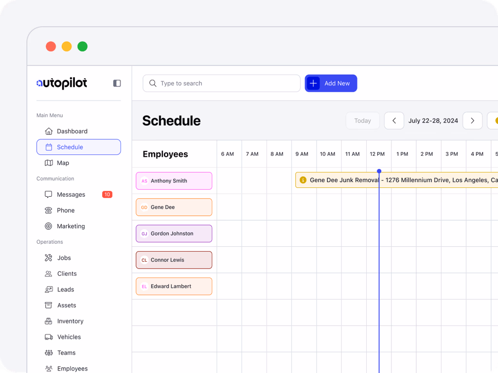 Calendar colored by technician with business hours shaded