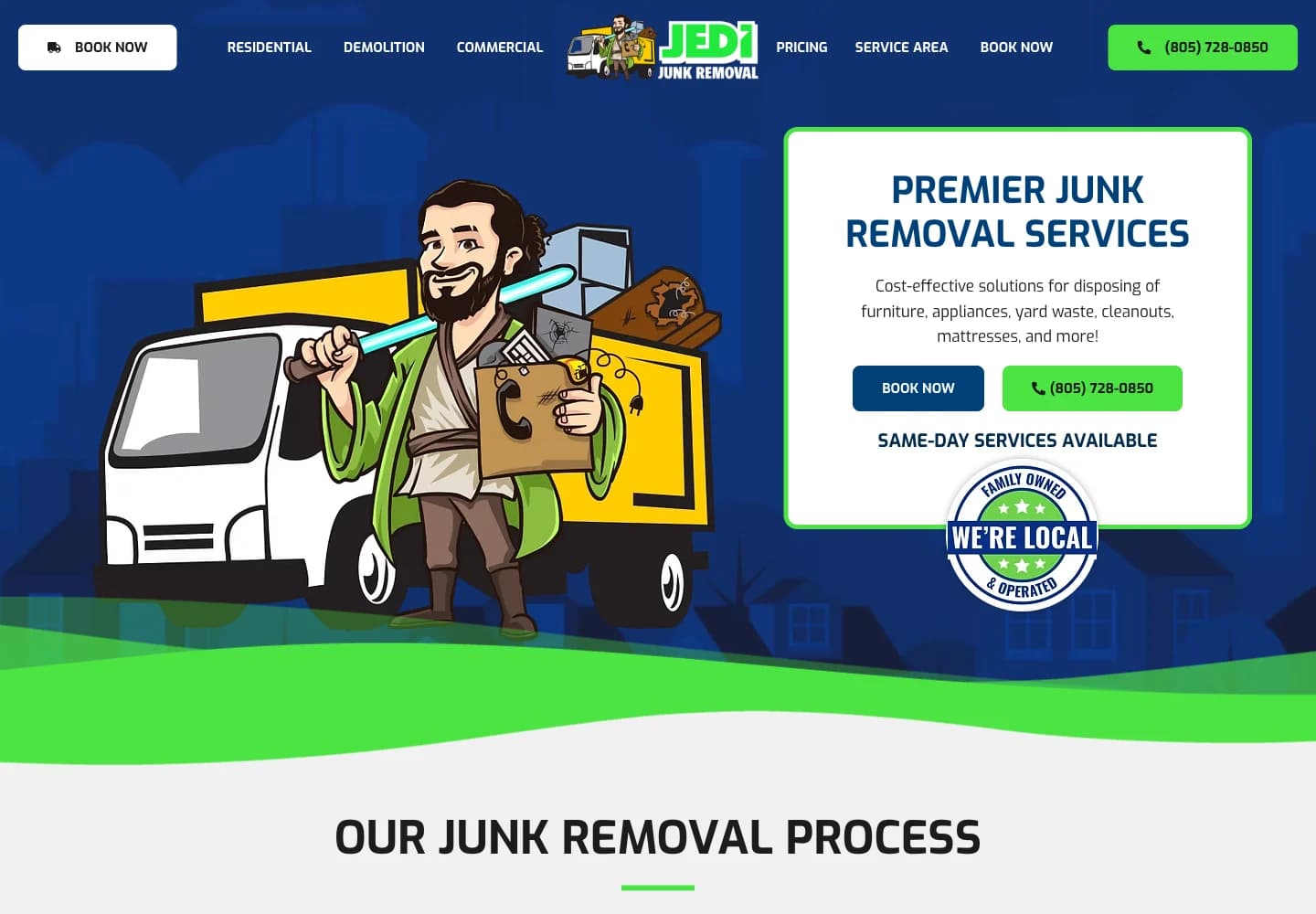A real junk removal website built through the Autopilot done-for-you offer, with booking and phone calls prominent in the hero