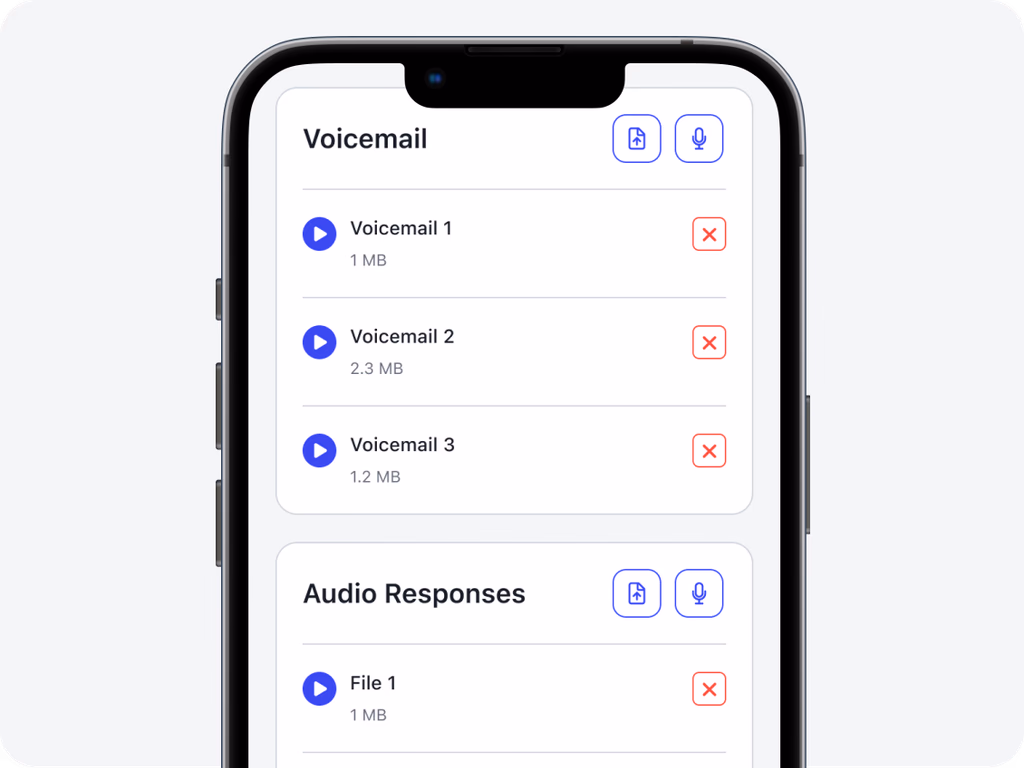 Autopilot voicemail settings screen for managing, deleting, and uploading voicemail audio