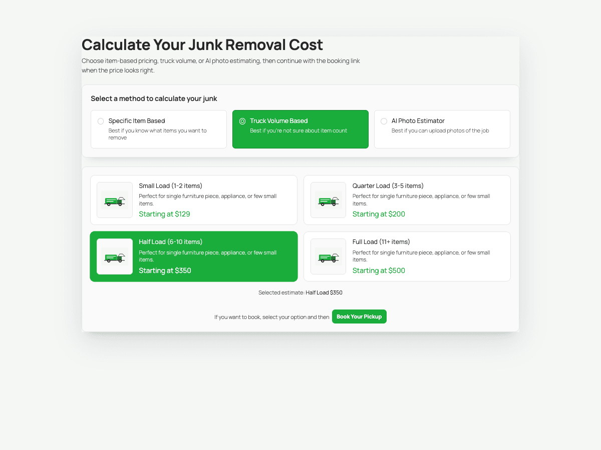 Truck-volume junk removal estimate with load-size pricing