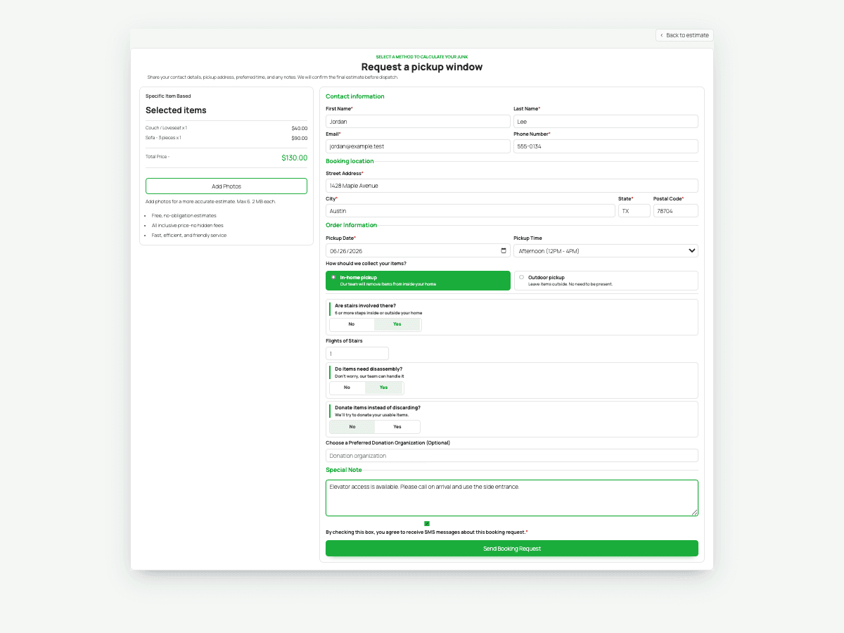 Built-in booking request form with estimate summary, contact details, address, and scheduling