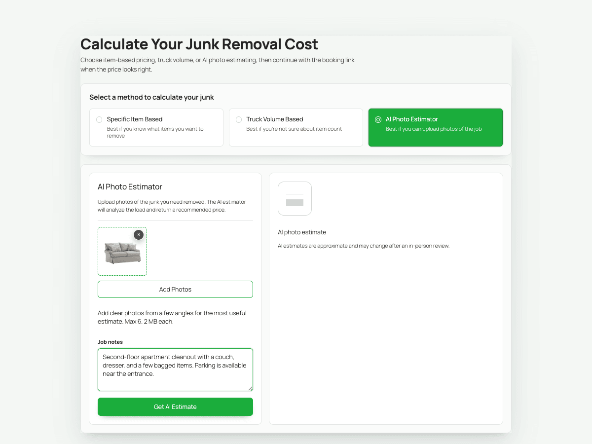 AI photo estimate workflow with a couch photo and job notes