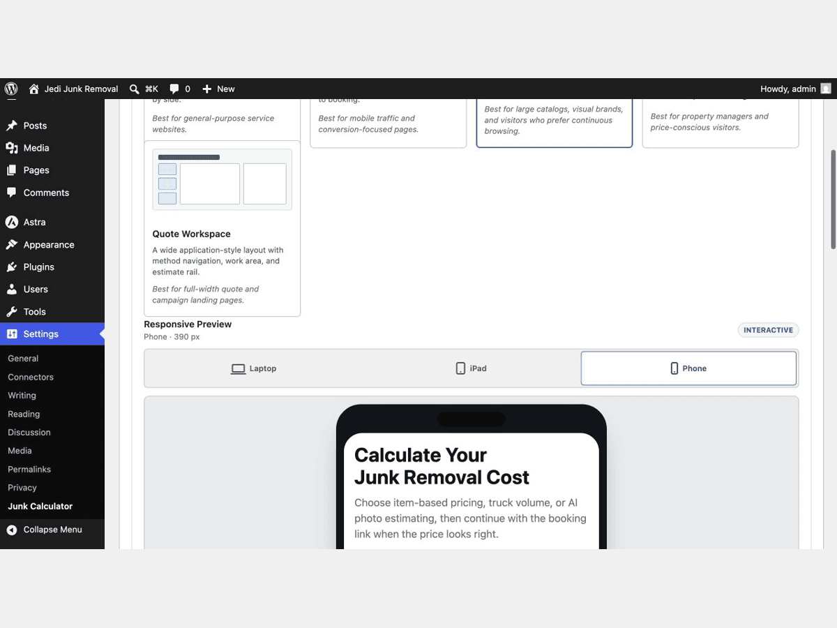 WordPress design settings with calculator templates and responsive phone preview