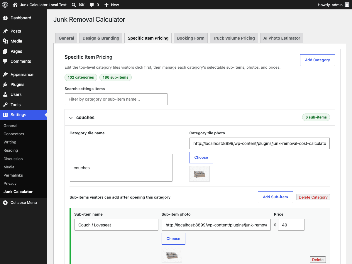 WordPress settings for custom item categories and prices