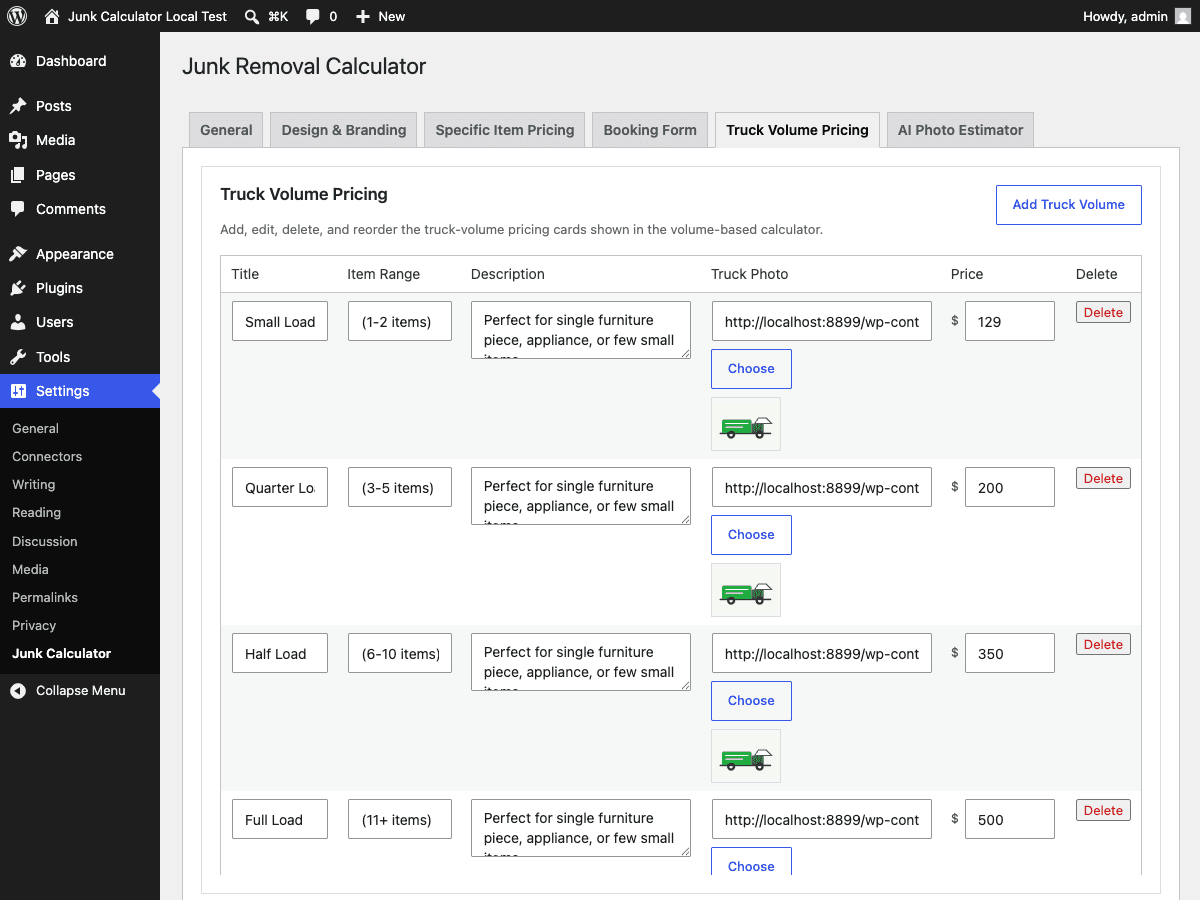 WordPress settings for truck load sizes and prices