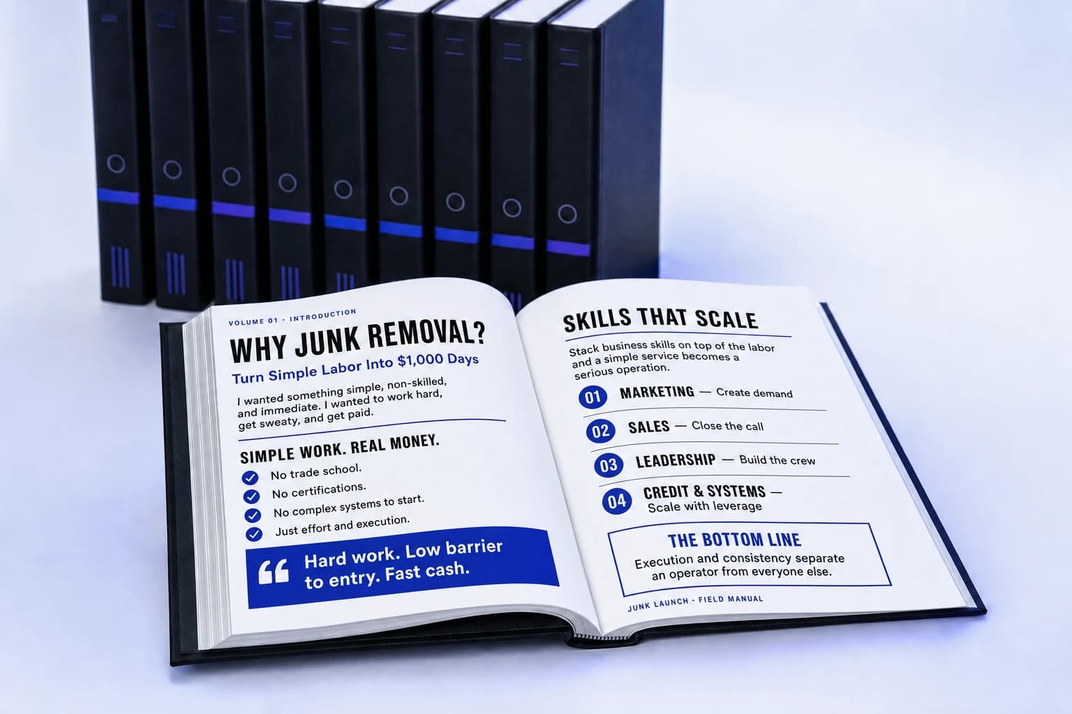 An open junk removal field manual showing real lesson copy about turning simple labor into one-thousand-dollar days