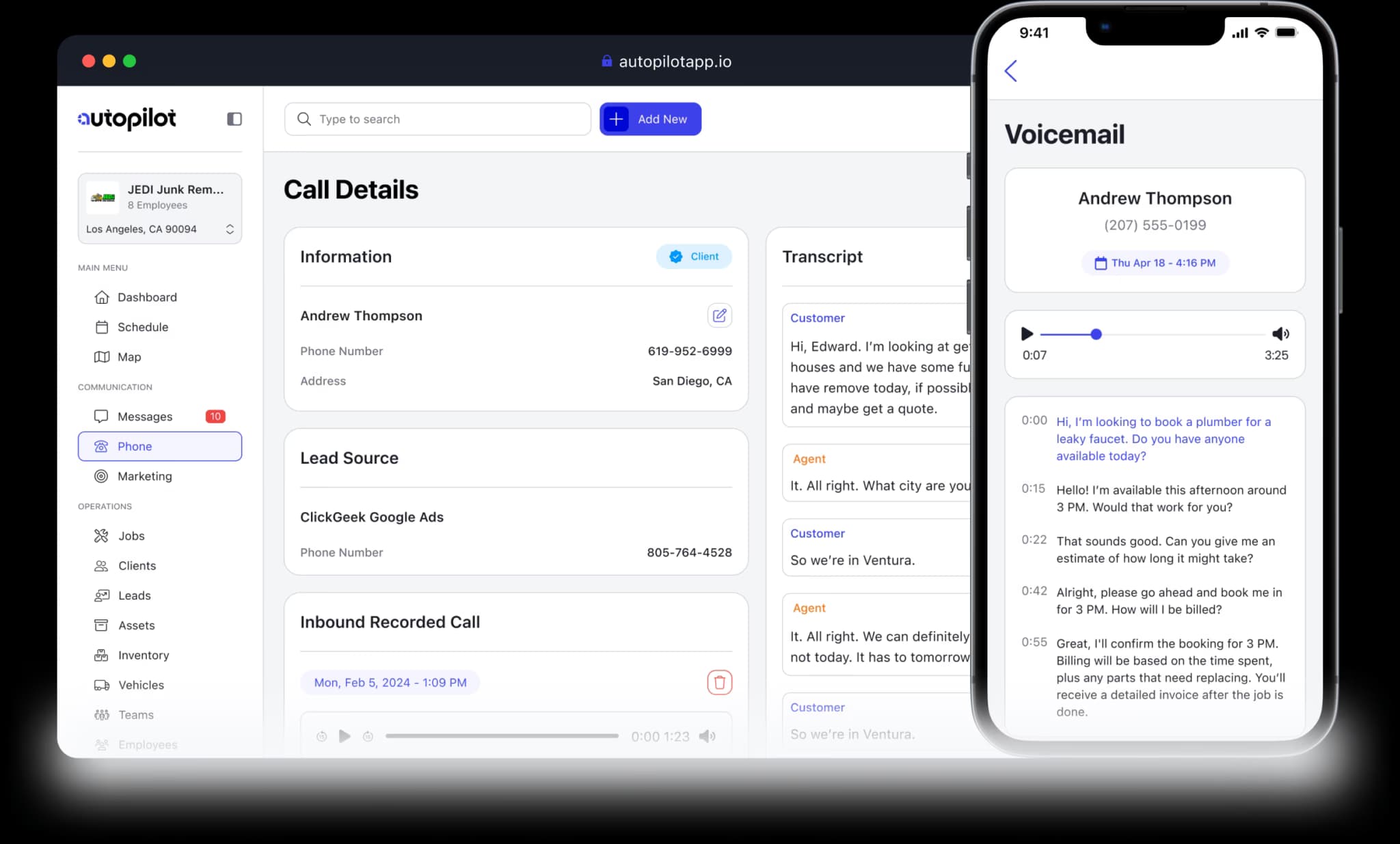 Autopilot app showing a full call transcript alongside the call recording details