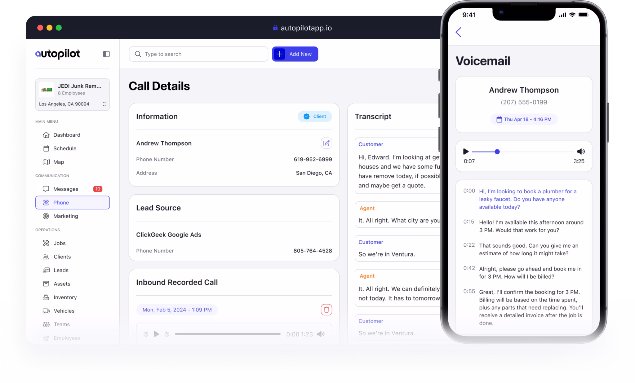 Autopilot app showing a full call transcript alongside the call recording details
