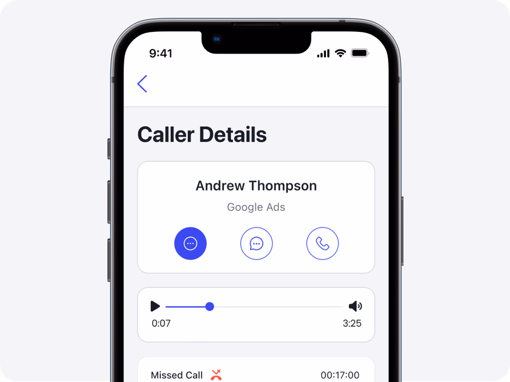 Autopilot caller detail screen with call recording playback and messaging options