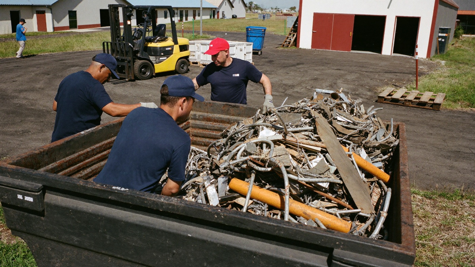 Crew loading heavy industrial debris onto a flatbed during a warehouse cleanout