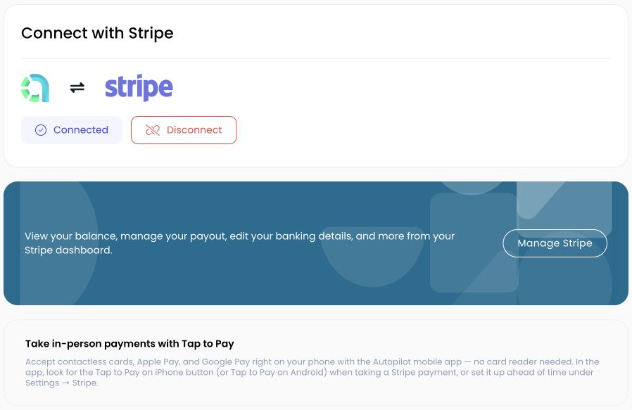 Autopilot Stripe connection and Tap to Pay setup instructions