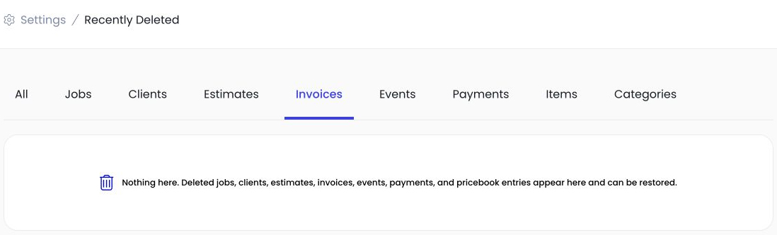 Invoices tab in Autopilot Recently Deleted