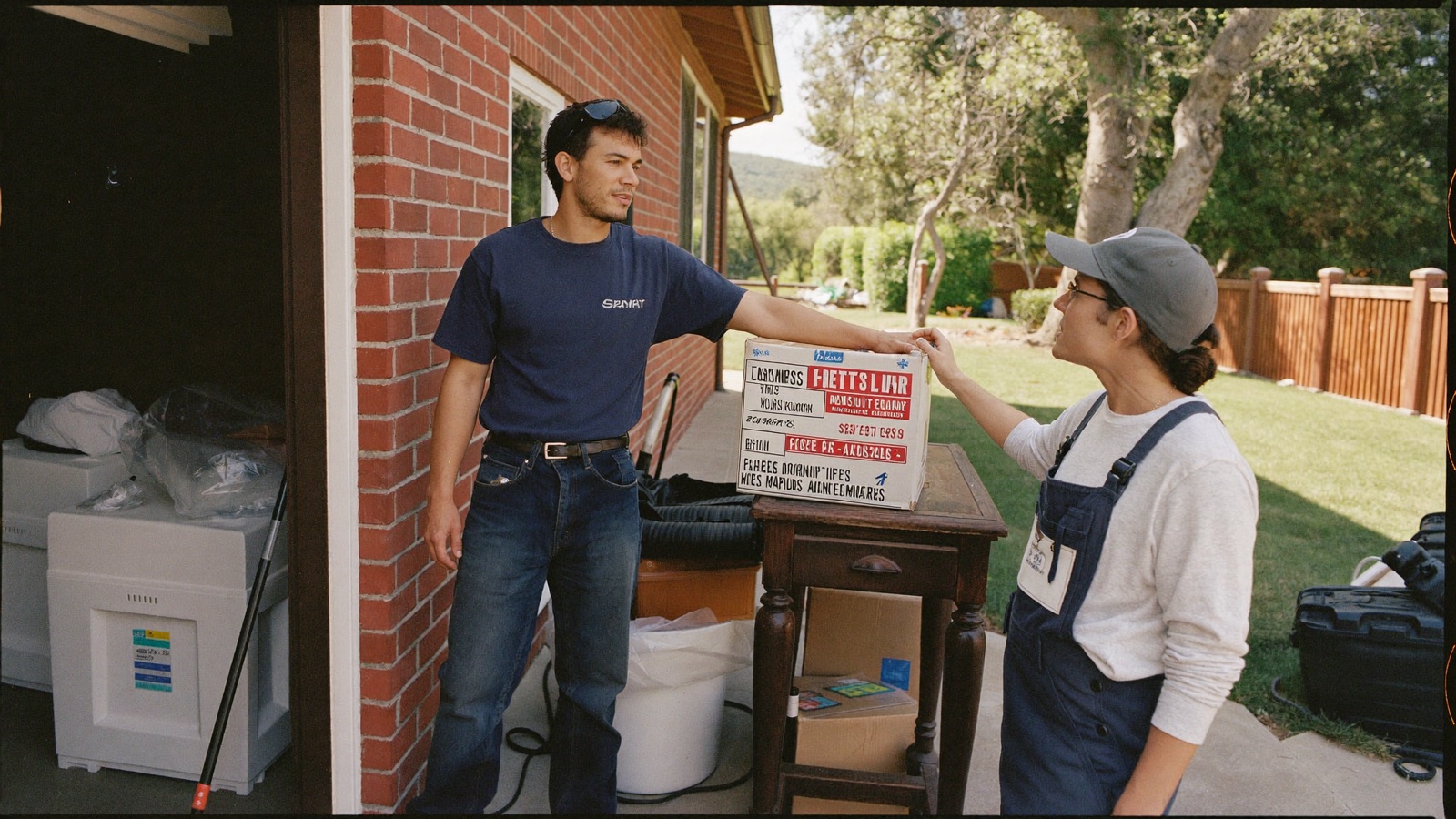 Stack of junk removal yard signs and a hand stapling one to a post at an intersection