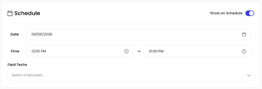 Autopilot New Estimate form with Show on Schedule enabled, a visit date, start and end times, and Field Techs selection